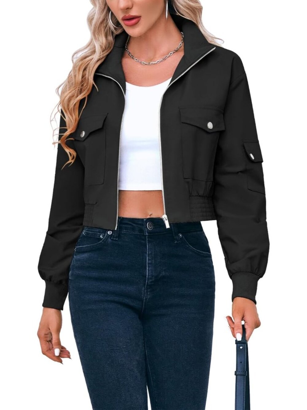 Women's Black Cropped Lightweight Zip Up Short Coats Long Sleeve Bomber Jacket
